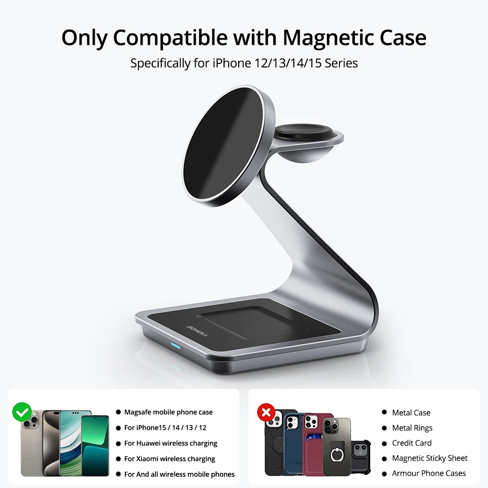 Bonola Metal 3 in 1 Magnetic Charger Stand for iPhone 15 Pro Max/14/13/Apple Watch Magnetic Wireless Charger Station for AirPods