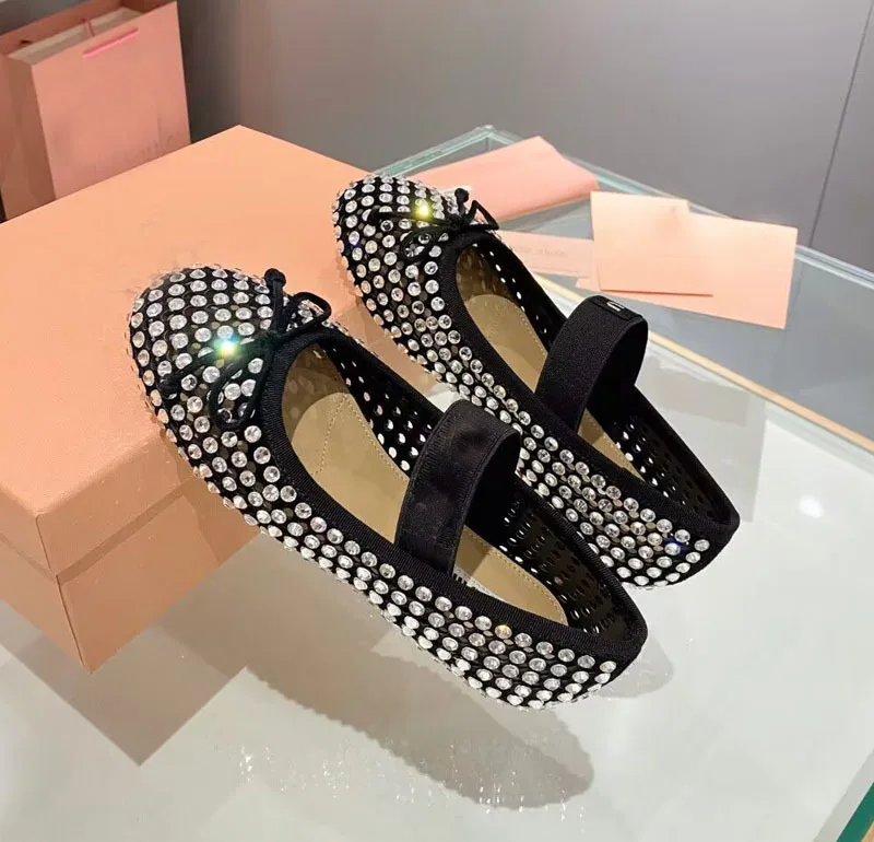 Water Diamond Flat Bottom Ballet Dance Shoes Women's Genuine Leather New Shallow Mouth Hollow Round Head Bow Belt Single Shoes