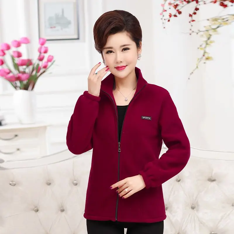 Mom Outfit Spring and Autumn New Stand Collar Tops Solid Color Zipper Splicing Pockets Loose and Casual Warm Long Sleeves Coat