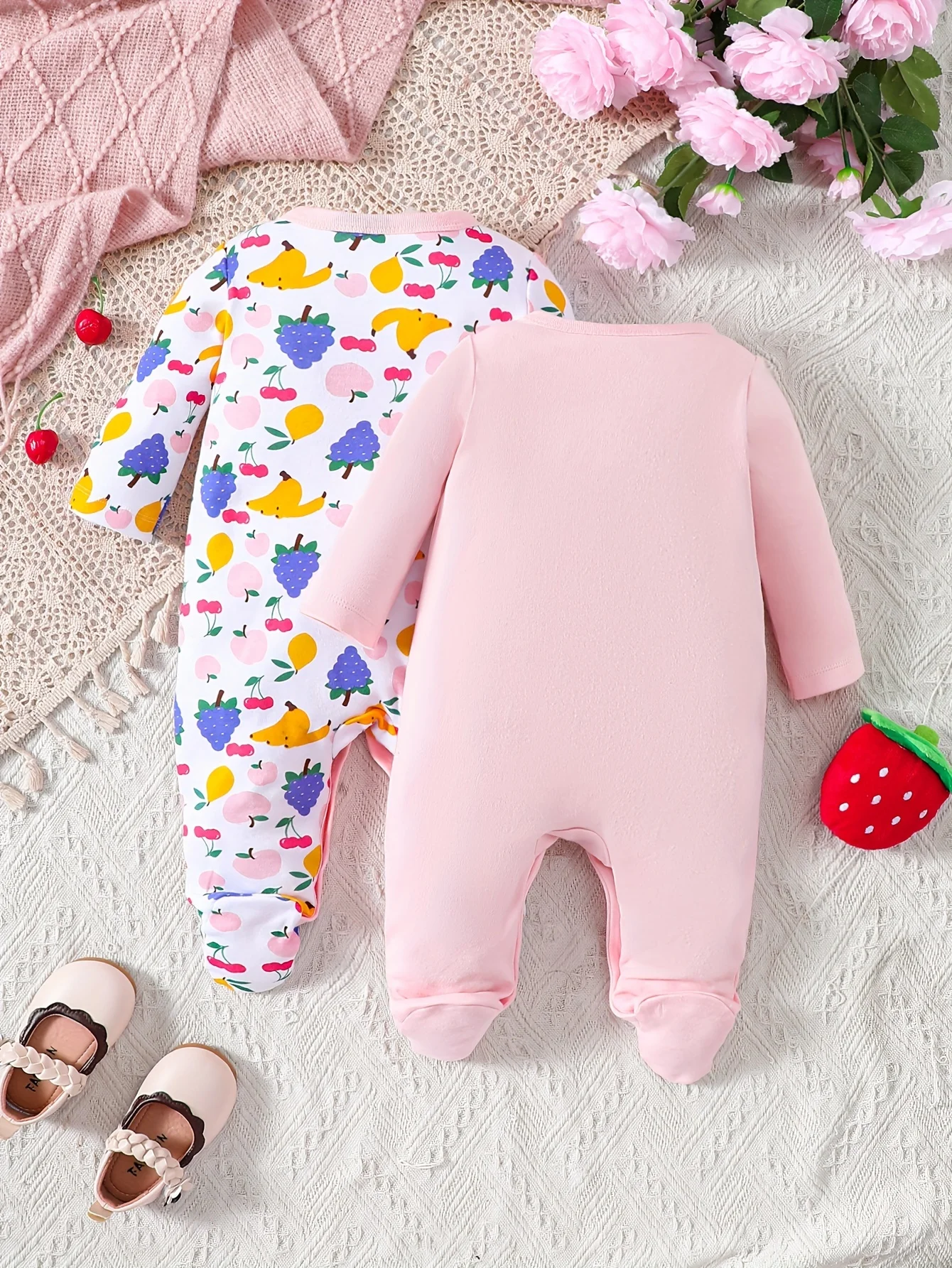 [2-piece set] Autumn and winter baby girls foot onesie cartoon apple long sleeve clothing crawl suit