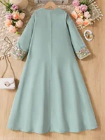 Robe vintage pour fille avec broderie dorée, dentelle motif épi de blé et appliques brodées de fleurs, convient aux enfants de 4 à 12 ans, polyvalente pour la maison, les tenues décontractées et les sorties 4