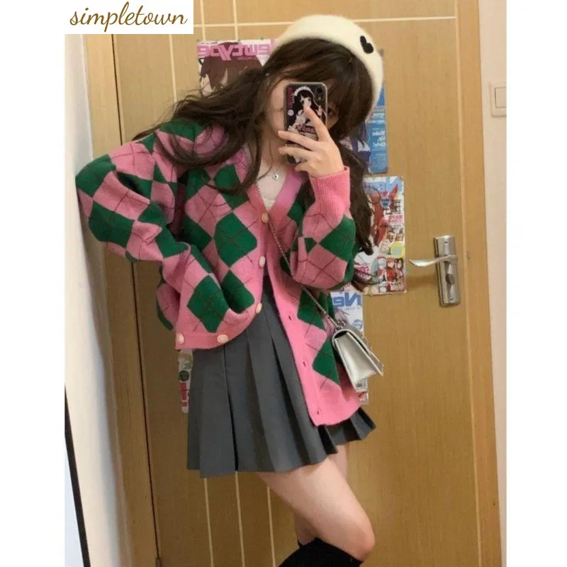 Autumn 2023 New Cool and Cute College Style Fashion Suit Plaid V-neck Cardigan Knitted Sweater Skirt Two-piece Set