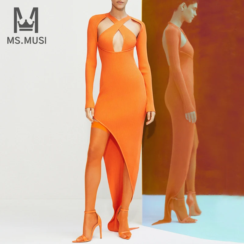 

MSMUSI 2022 New Fashion Women Sexy Halter Long Sleeve Hollow Out Slit Bandage Party Club Bodycon Maxi Dress Celebrate Vestidos