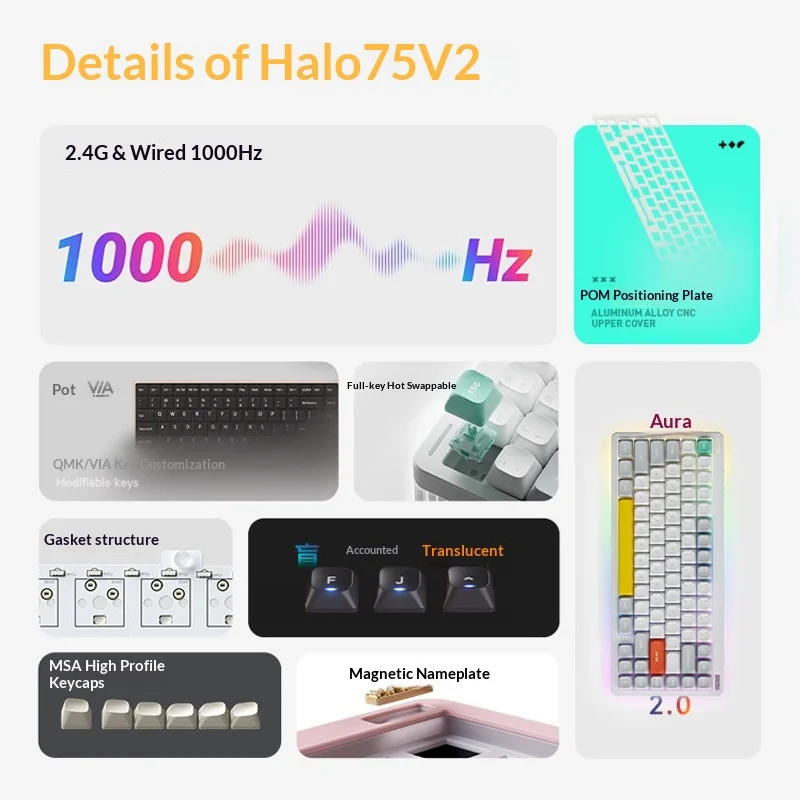 NuPhy Halo75 V2 키보드 커스터마이징 가능한 스페이서 스타일 블루투스 스위치 핫스왑 가능 3가지 모드 83키 게이밍 기술