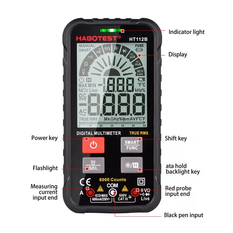 HT112B Digital Multimeter Auto Range DMM Voltmeter True RMS NCV Voltage Meter 4000 Counts Smart Multitester Electrical Tester