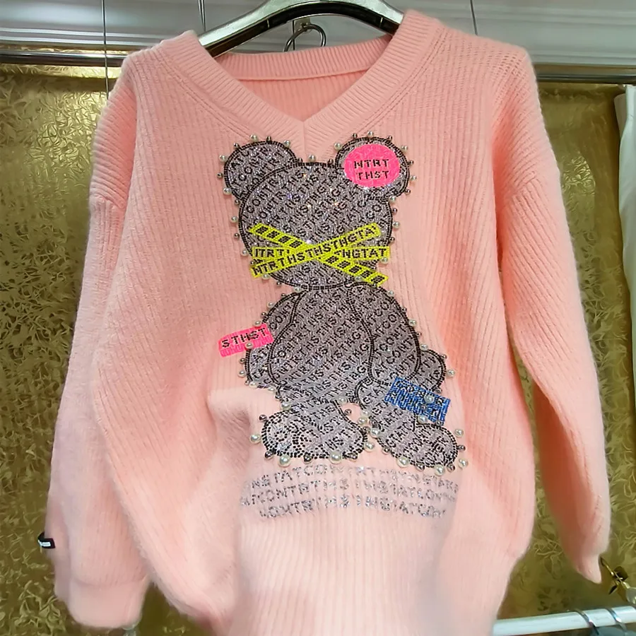 

Fashion Rhinestone Knitted Sweater Women Autumn Winter Heavy Industry Orange Little Bear Cartoon Thickened Loose Pullovers