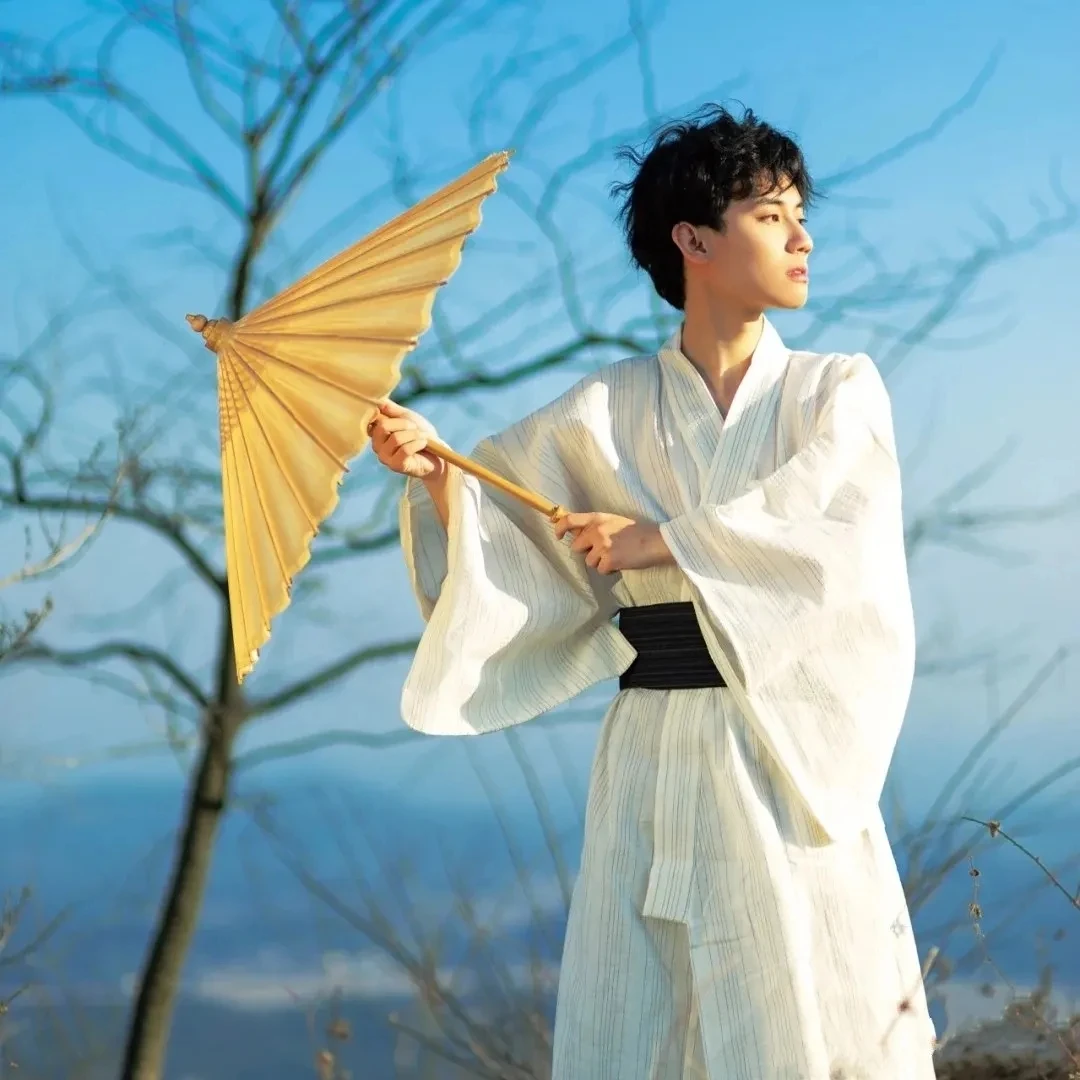 NEW Japanese Traditional Samurai Kimono For Man Retro Yukata Bathing Robe Hekoobi Loose Sauna Wear Homewear Belt Long Gown