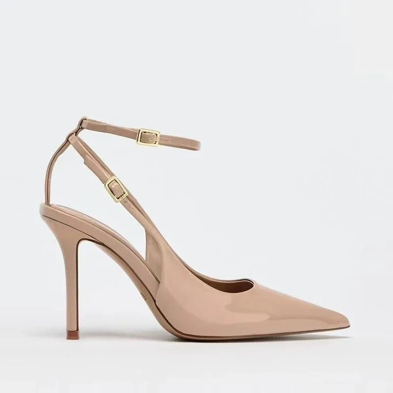 Women Sandals Women High Heels Summer Baotou Patent Leather Stiletto Sandals Women's Pointed Toe Shallow Mouth Slip Strap Non-slip High Heels