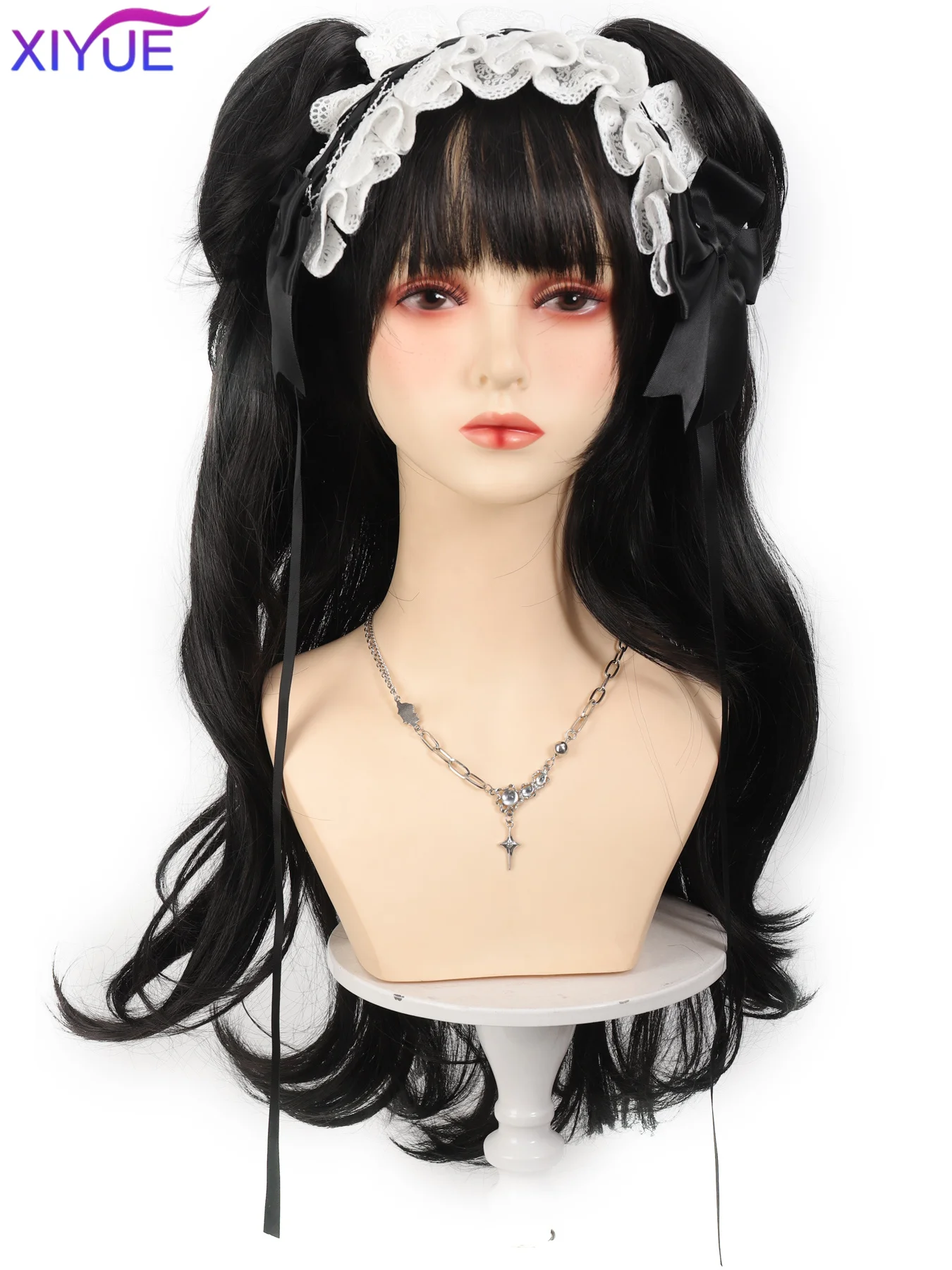 Synthetic Black Wig with Long Ponytail Short Straight Wig Lolita Cosplay Party Harajuku Blonde Wig With Bangs for Women