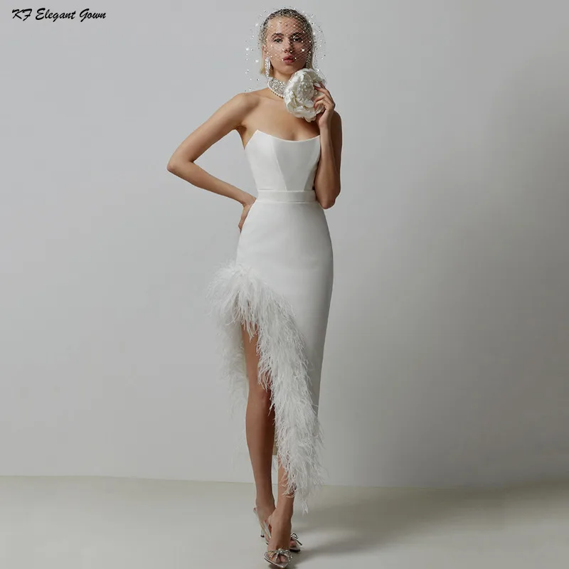 

2024 New Elegant Club Party Women Summer Linen Peplum Asymmetrical Dress Feathers Bodycon Clothes Strapless Bandage Dresses