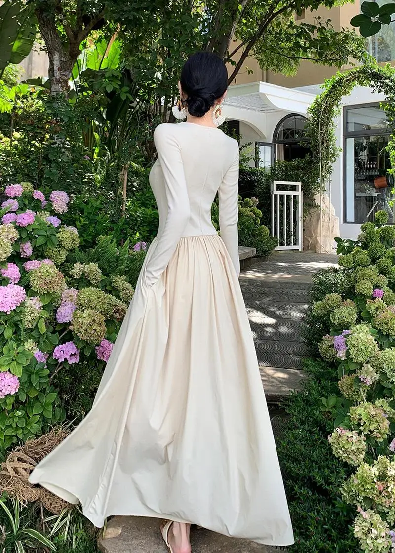 Vestidos largos informales de retazos para mujer, cuello redondo, mangas largas, corte en A, otoño primavera, moda coreana, vestidos de una pieza para mujer, nuevos