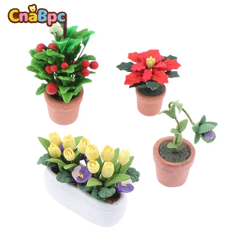 

1:12 Dollhouse Miniature Potted Plants Tulip Flower Pot Fortune Fruit Bonsai Model Garden Home Decor Toy Doll House Accessories