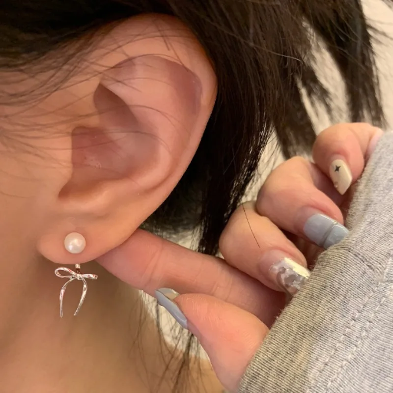 New Sweet Cute Bow Knot Stud Earrings for Women Girls Silver Color Simple Minimalist Ear Clip Aesthetic Jewelry Gift