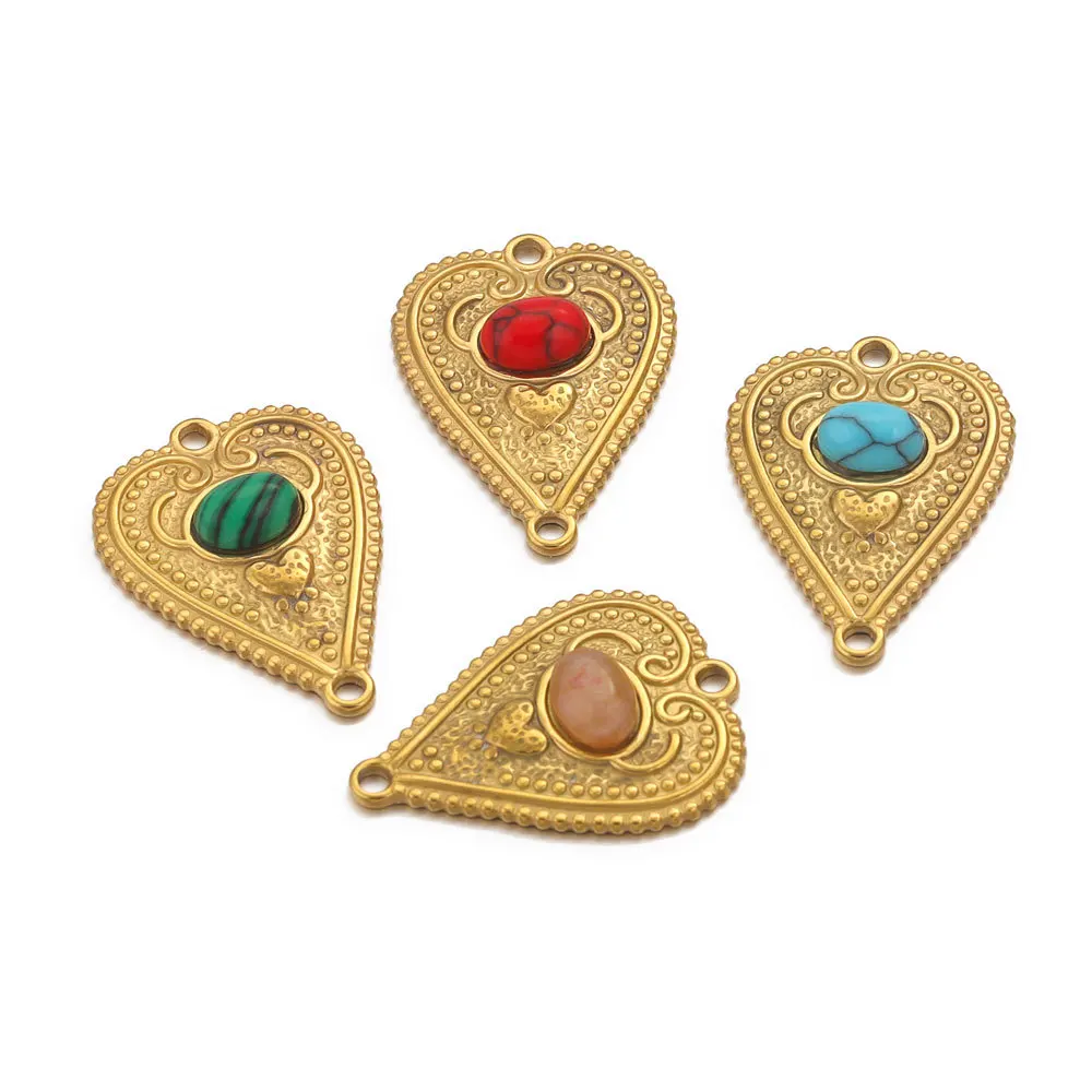 Stainless Steel Oval Bohemian Natural Stone Heart Pendant DIY Accessory Accessories Necklace 1