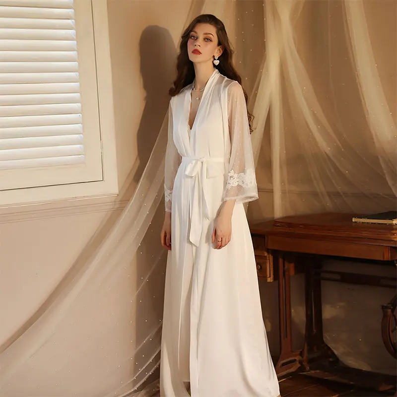 Sexy Silk Long Spwear Women's Spring Summer Autumn Wedding Dr Maids Morning Robe New Bride Lace Trim Che Nightgown