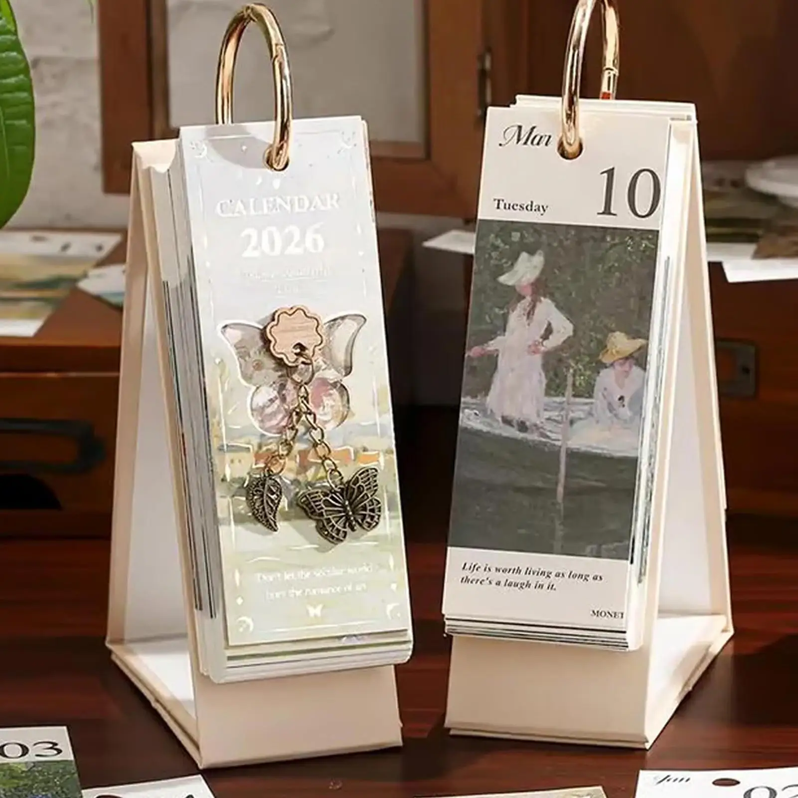 2026 Desk Calendar With Gold Ring Binding 365 Days Vintage Oil Painting Inspirational Quotes One-Way Page Turn Daily Planner