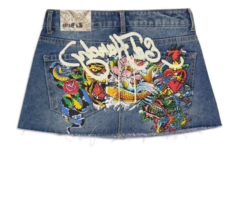 Streetwear Womens Skirt Y2k Gothic Hip Hop Letter Print Vintage Blue Denim Skirt Hotsweet Girly High Waist Slim Mini Short