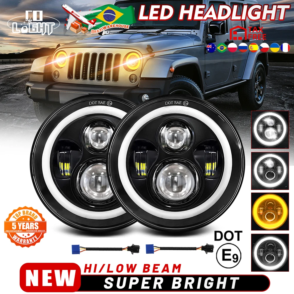 

CO LIGHT 7'' LED DRL Headlight 4x4 7inch Round halo Headlights 7" LED Headlamp DOT E9 Amber Turn Signal 12V 24V for Lada Niva