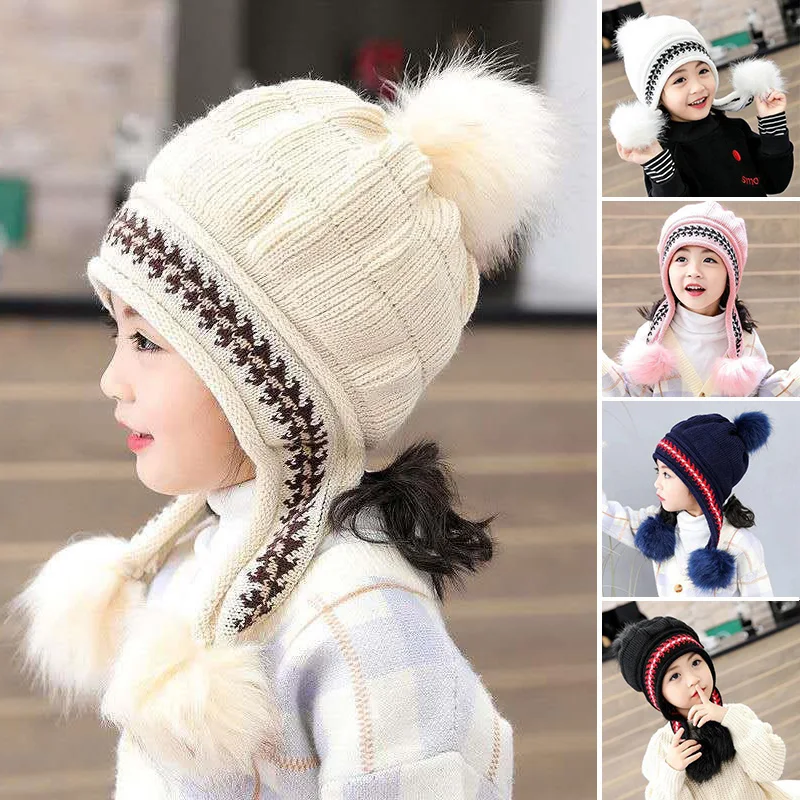 Winter Pompom Children Knitted Hat Solid Color Hairball Kids Beanie Cap Autumn Thicken Plush Warm Girl Ear Protection Bonnet 5