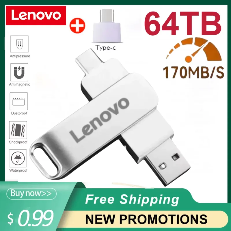 USB Flash Drive Lenovo 64TB USB 3.2 Memories Type-c 2-In-1 8TB 16TB OTG 128GB High Speed 2TB Computer PS5