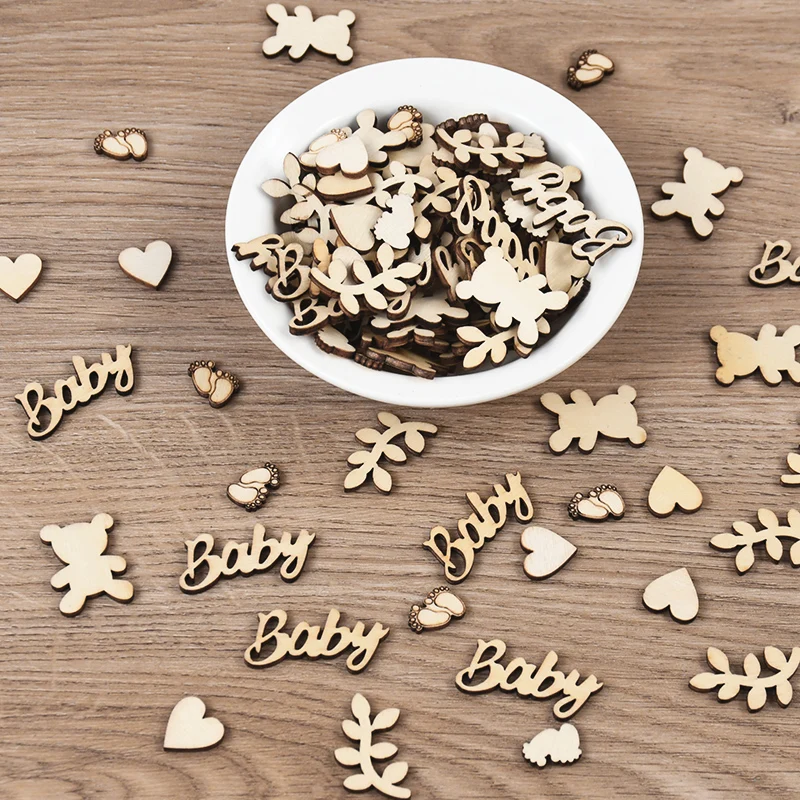 Mixed Baby Bear Heart Leaf Wood Confetti Kids Boy Girl Birthday Party Table Scatter Baby Shower DIY Decorations Supplies 100Pcs