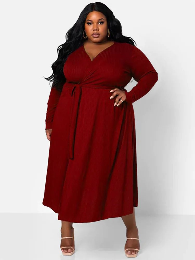 Elegant Casual Women Dresses Stretch Soft Knitted Midi Dress Plus Size Lady Clothes Ribbed Knit Dress Wholesale Dropshipping