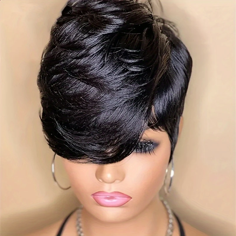 Human hair wigs for women short bob wavy with bangs full machine made Brazilian Remy straight pixie cut