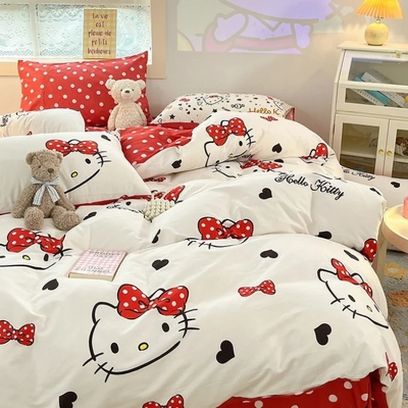 

Милый мультяшный кошка Hellokitty хлопковый комплект из четырех частей хлопковая мультяшная девочка простыня с сердцем Покрывало Постельное белье шапка набор из трех частей подарок