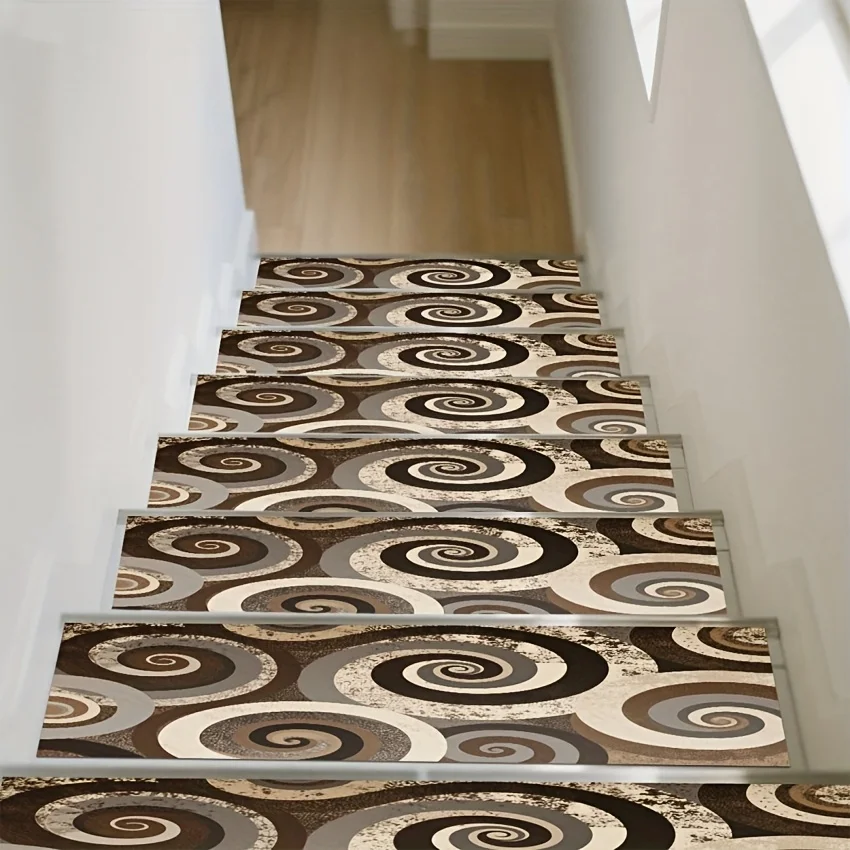 1/7/15PC 브라운 기하학적 원형 링 접합 장식 프린트 매트, 8x30인치 계단 카펫, 청소가 쉬운 엣지 계단 매트