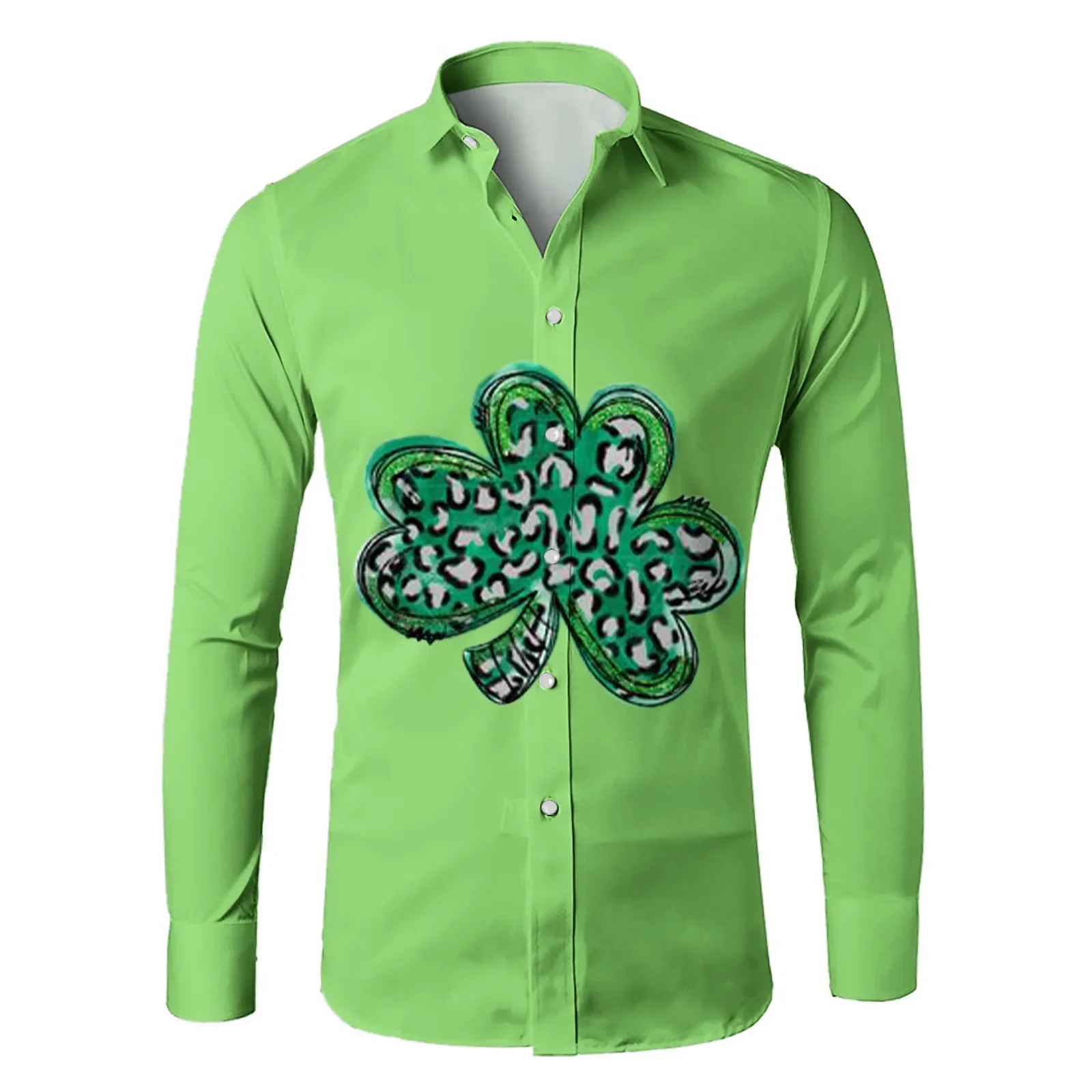 

Men'S Green Long Sleeve Shirts Fashion Irish Dwarf Clover Print Top Shirts St Patrick'S Day Casual Turndown Collar Button Tops