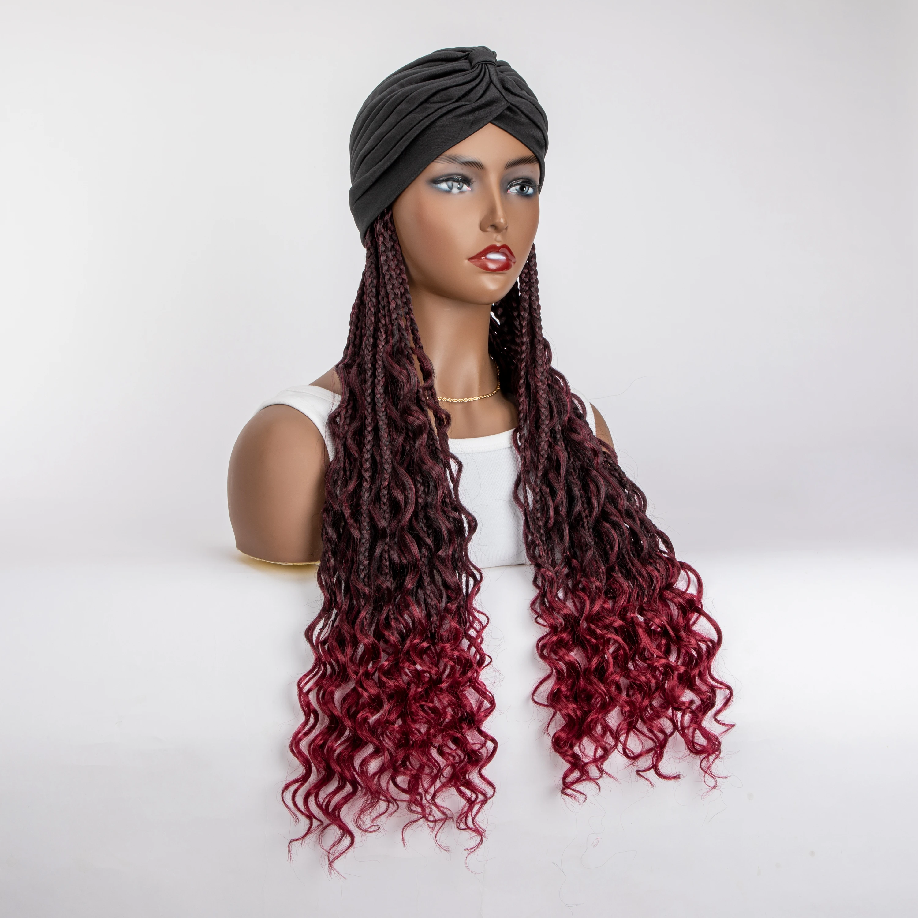 WIGERA 20&ldquo; Ombre Black Burgundy Boho Box Braided Synthetic Headband Wig With Turban Hat Braiding Hair Extensions For Black Women