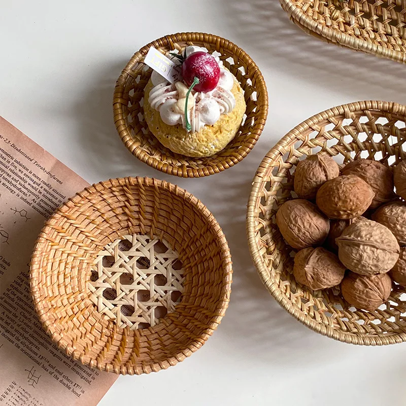 Vietnamese Hand-woven Autumn Rattan Woven Storage Towel Holder Coaster Tea Drain Photography Props  Snack Plate Fruit Plate 3