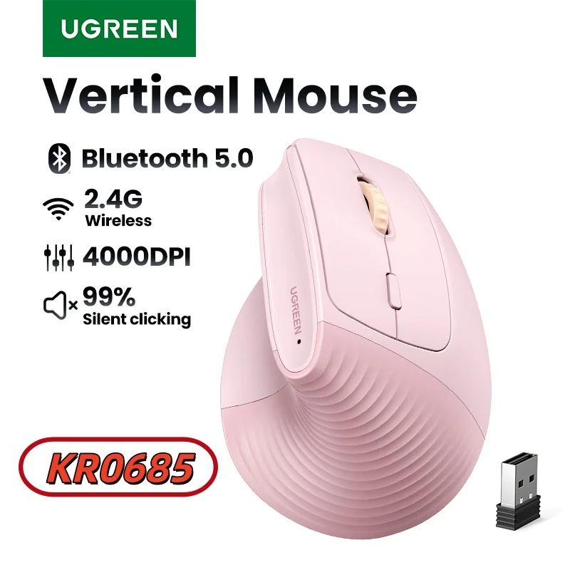 UGREEN Bluetooth 2.4G Vertical Wireless Mouse Ergonomic 4000DPI 6 Mute Buttons for MacBook Tablet Laptops