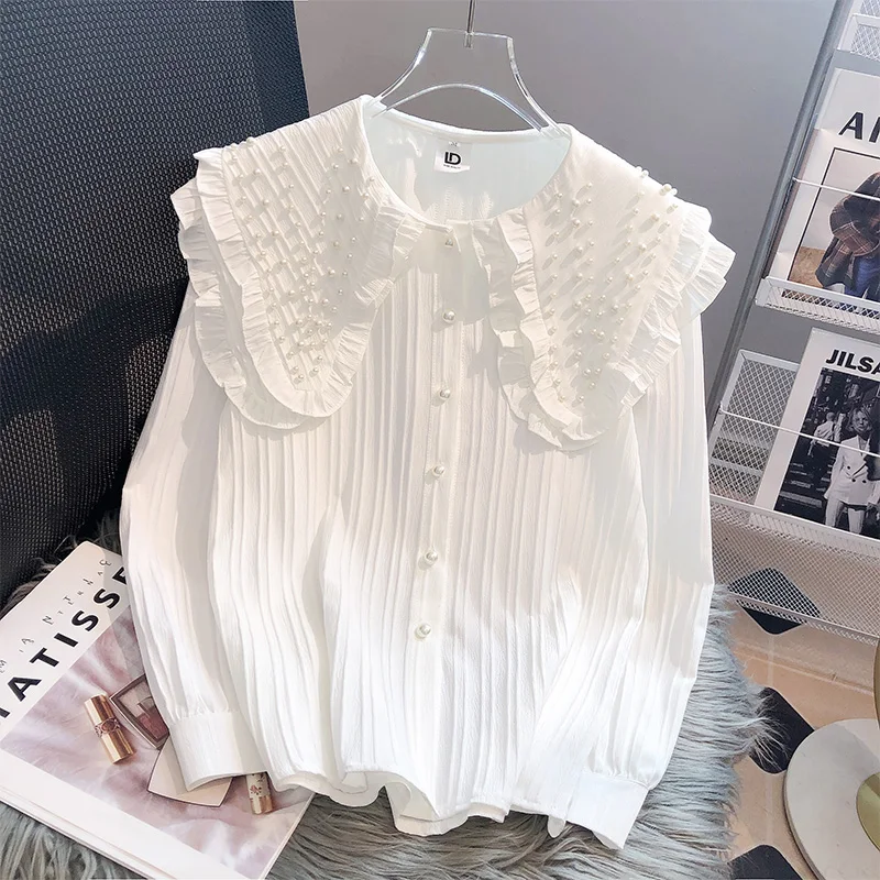

Vintage Beading Peter Pan Collar White Blouse Women Spring Sweet Korean Style Long Sleeve Pleated Shirt Female Loose Casual Tops