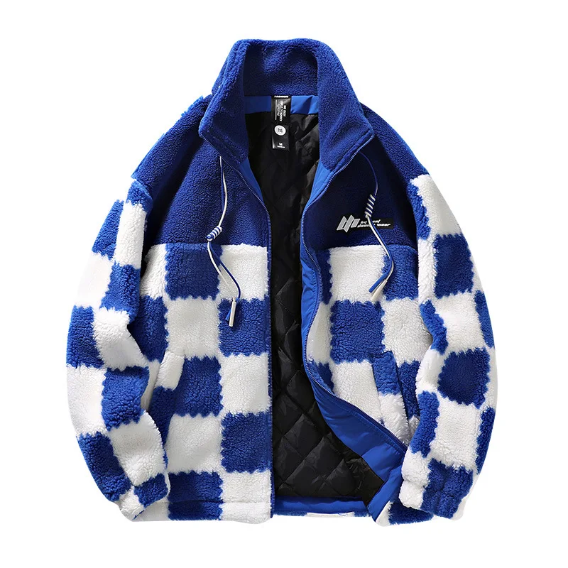 Checkerboard Stitching Contrast Color Imitation Sherpa Warm Jacket Loose Stand Collar Casual Winter Coats Men Couple Clothes