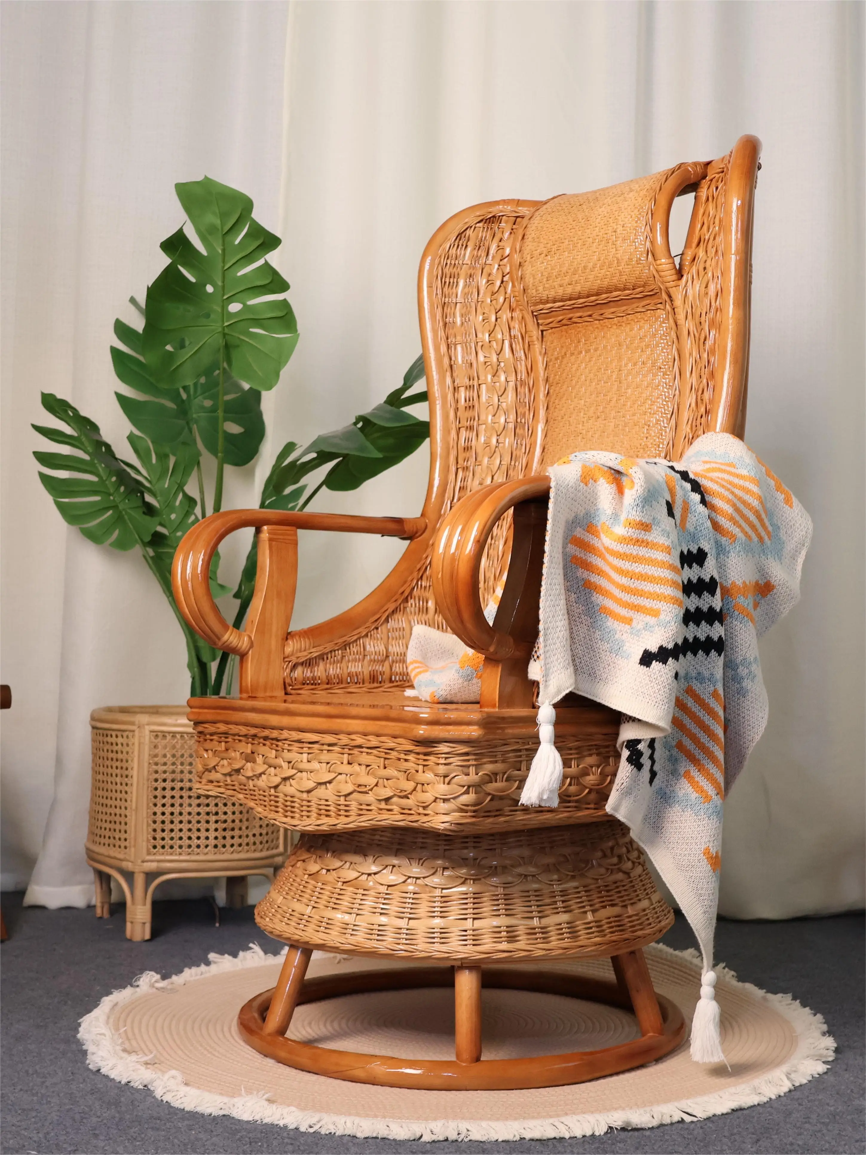 

Rattan Chair Chair Armchair Office Chair Balcony Single Real Rattan Home Rattan Casual Swivel Chair Retro New Chinese Style