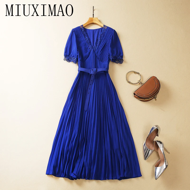 

MIUXIMAO 2023Fashion Designer Summer Dress Women O-neck Ruched Short sleeve Ruffled Hollow out patchwork Lace Solid Midi Dresses