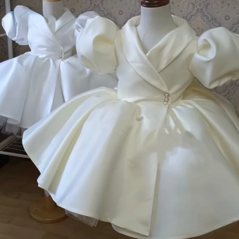 

Винтажное платье принцессы для маленьких девочек, свадебное платье с буффами на рукавах, детская одежда для дня рождения, детское платье с шелковыми жемчужинами и пуговицами