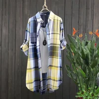 Plaid Cotton Mid Length Blouses Women 2023 Autumn  Long Sleeve Elegant Casual Shirt Korean Fashion New Loose Button Blouses - Image 4