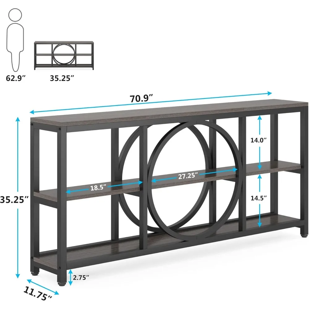 70.9 inch Sofa Console Table, Extra Long Narrow Entryway Tables with 3 Tier Wood Storage Shelves Metal Frame Black  Gray 2