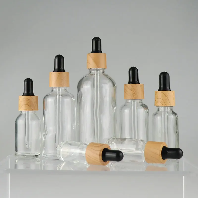Wholesale 5ml-100ml Dropper Bottle Bamboo Wood Lid Brown Glass Separate Bottle Transparent Mask Skin Care Essence Oil Bottle