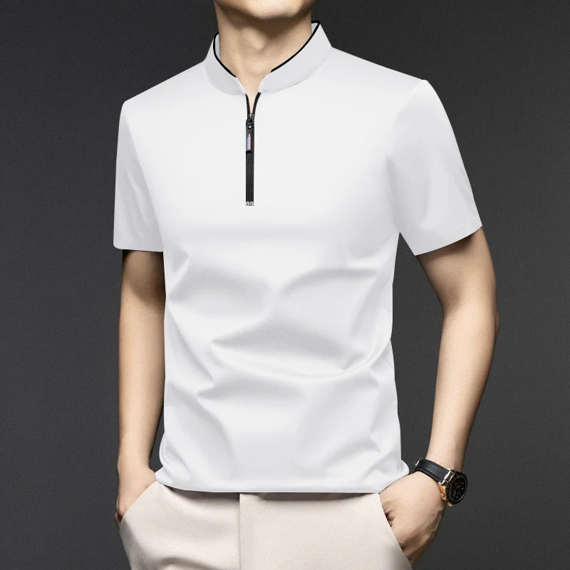 Lässiges, modisches Herren-Poloshirt mit Reißverschluss, einfarbig, kurzärmelig, Stehkragen, vielseitiges, bequemes Oberteil – Detail 18