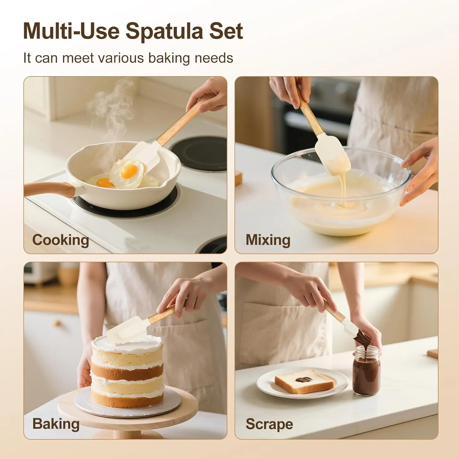 Premium Silicone Scraper Spatula Set with Wood Handles – Heat Resistant, Non-Stick Cooking & Baking Utensils