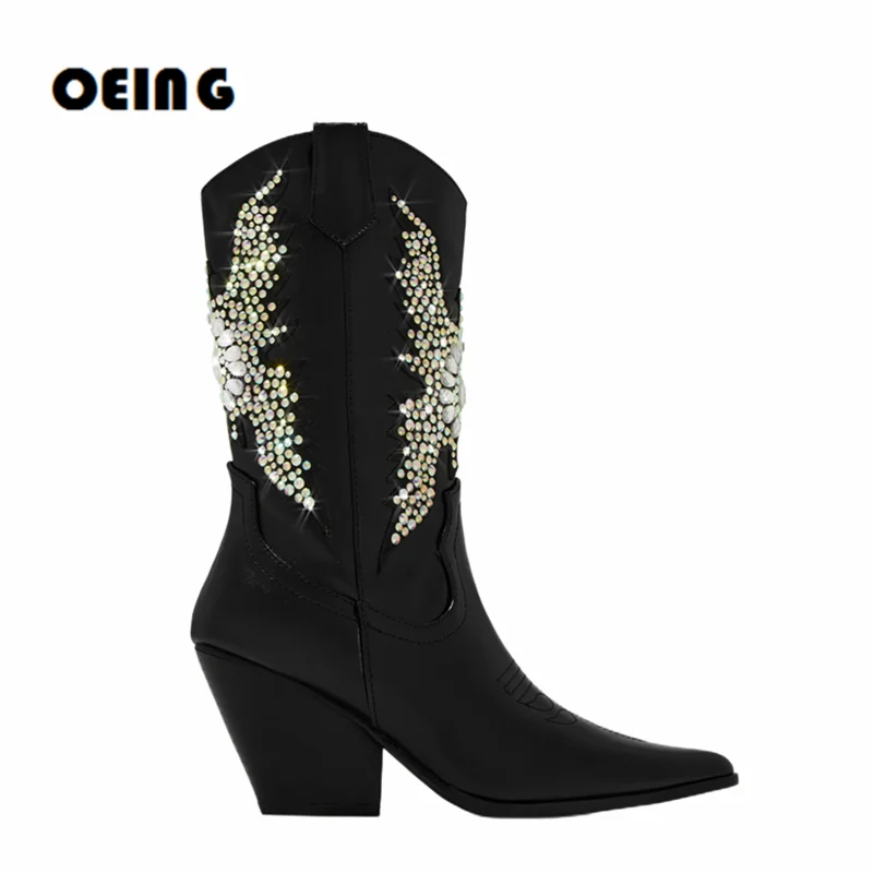 

Women Rhinestone Embellished Ankle Boots Pointed Toe Wedge Heels Cowboy Boots Female Bling Party Shoes Pull On Botas De Mujer