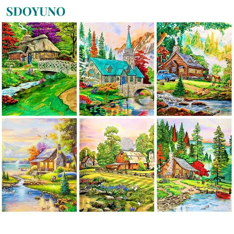 

SDOYUNO Diy Frame Painting By Numbers village Landscape Modern Oil Handpainted Acrylic Paint By Numbers For Home Decors