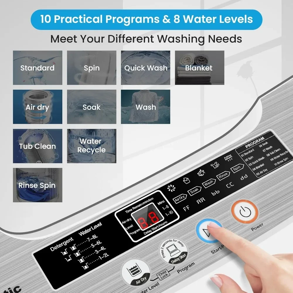 Portable Wash Machine, 17.8lbs Dryer Combo W Drain Pump, 10 Programs 8 Water Levels LED Display, 2.4 Cu.Ft Full Automatic Washer 3