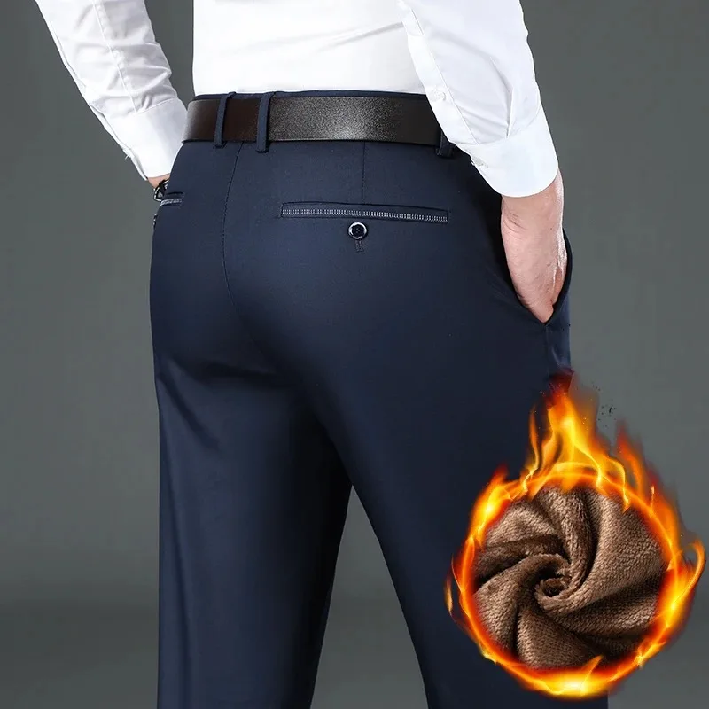 

Winter New Flannel Thick Men's Casual Pants Fleece Navy Black Business Straight Slim Stretch Warm Plush Trousers Male
