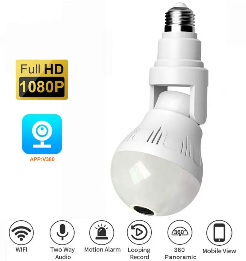 Панорамная IP-камера V380 с Wi-Fi 360 ° умная сигнализация E27 HD 1080P со встроенным