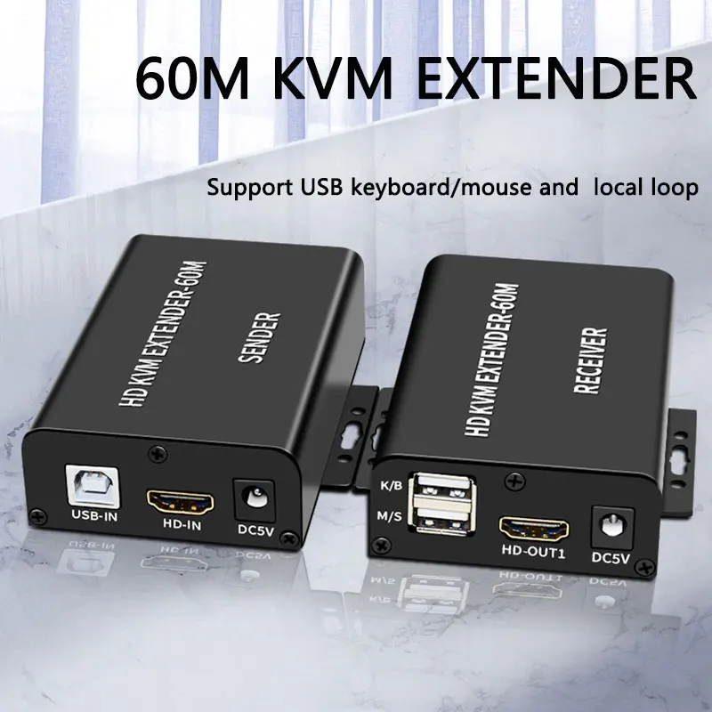 

60M KVM Extender Over Rj45 Cat5e 6 Ethernet Cable HDMI-compati1080P Video Converter Transmitter Receiver for USB Keyboard Mouse
