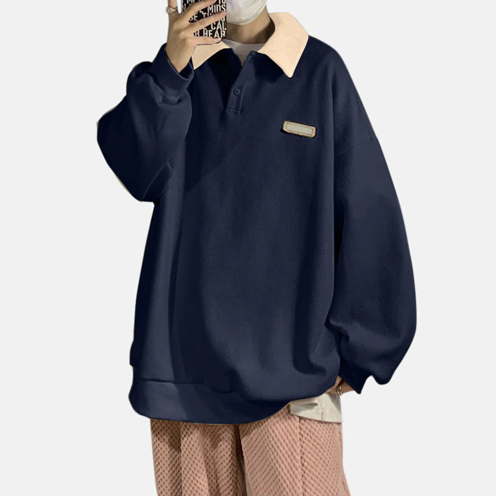 

Oversize Lapel Hoodie For Mens Sweatershirt Retro Turn-Down-Collar Long Sleeved Shirt European American Vintage Style Loose Fit